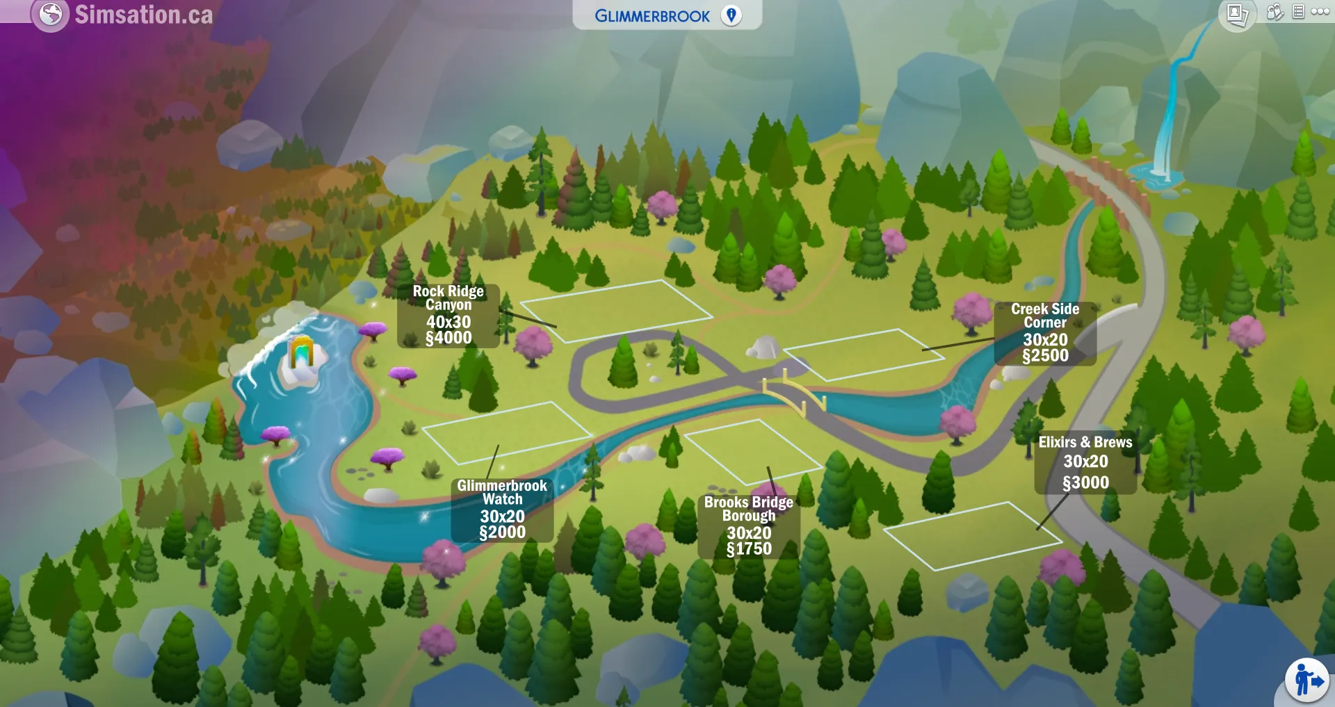 Labelled map of Glimmerbrook showing bulldozed lots